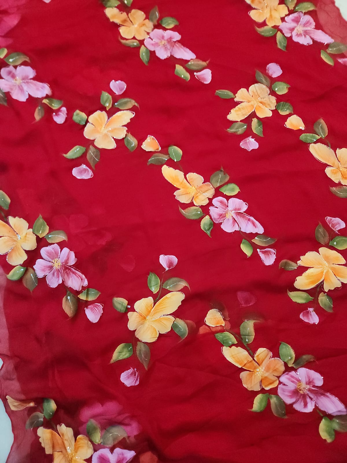 Hand Painted Red Chiffon Saree