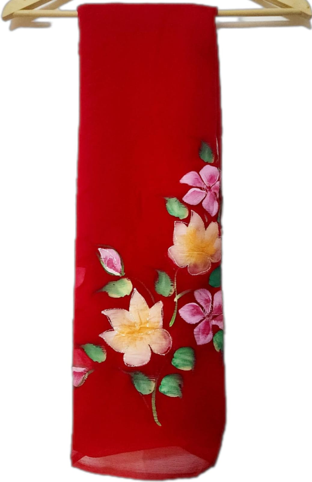 Hand Painted Red Chiffon Saree