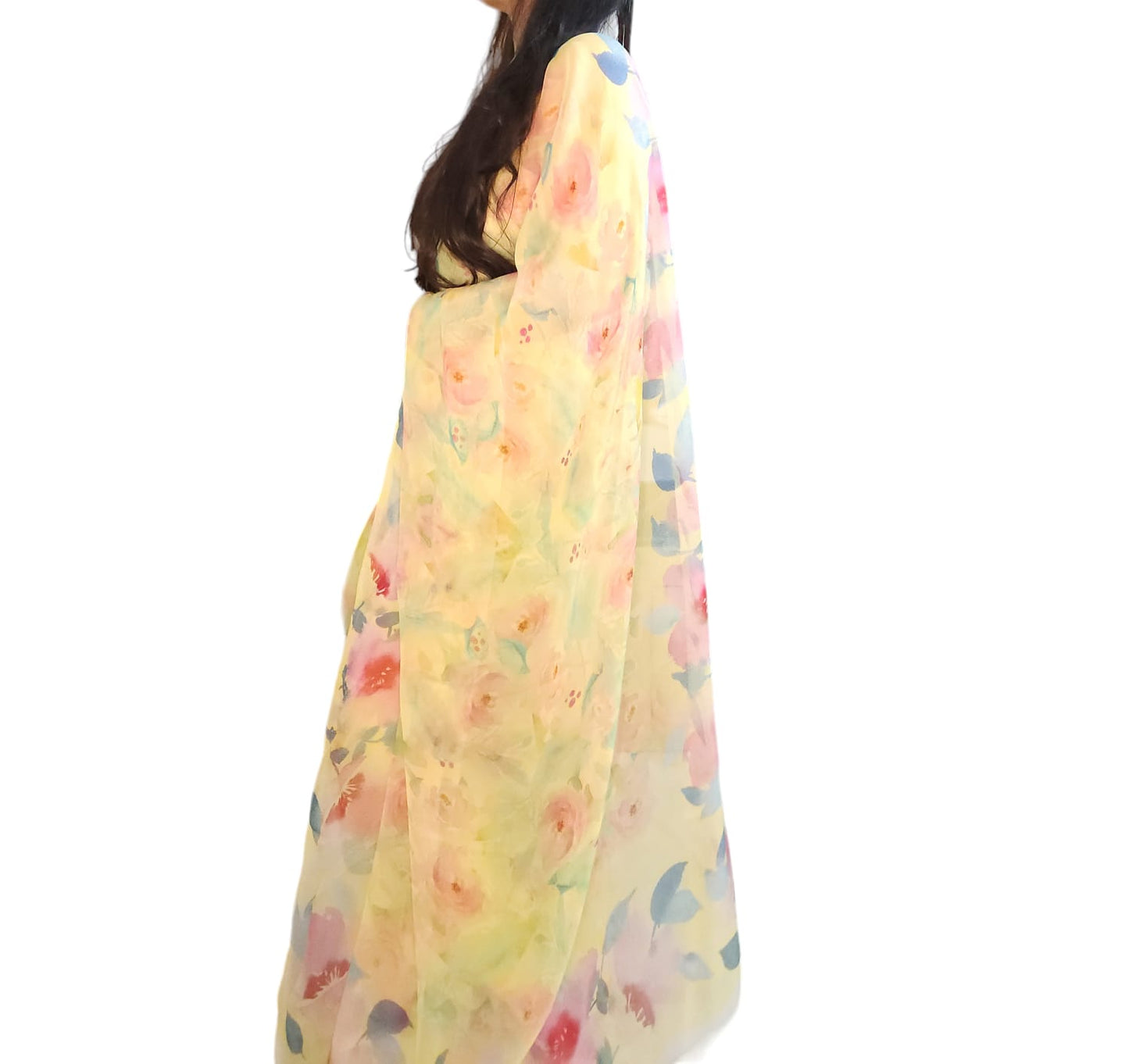 Yellow Floral Colorful Chiffon Saree