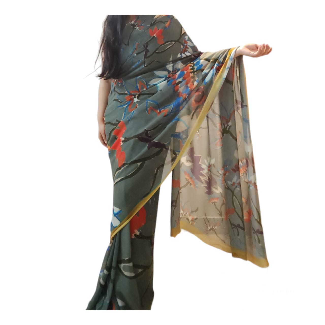 Wild Flower Grey Georgette Saree