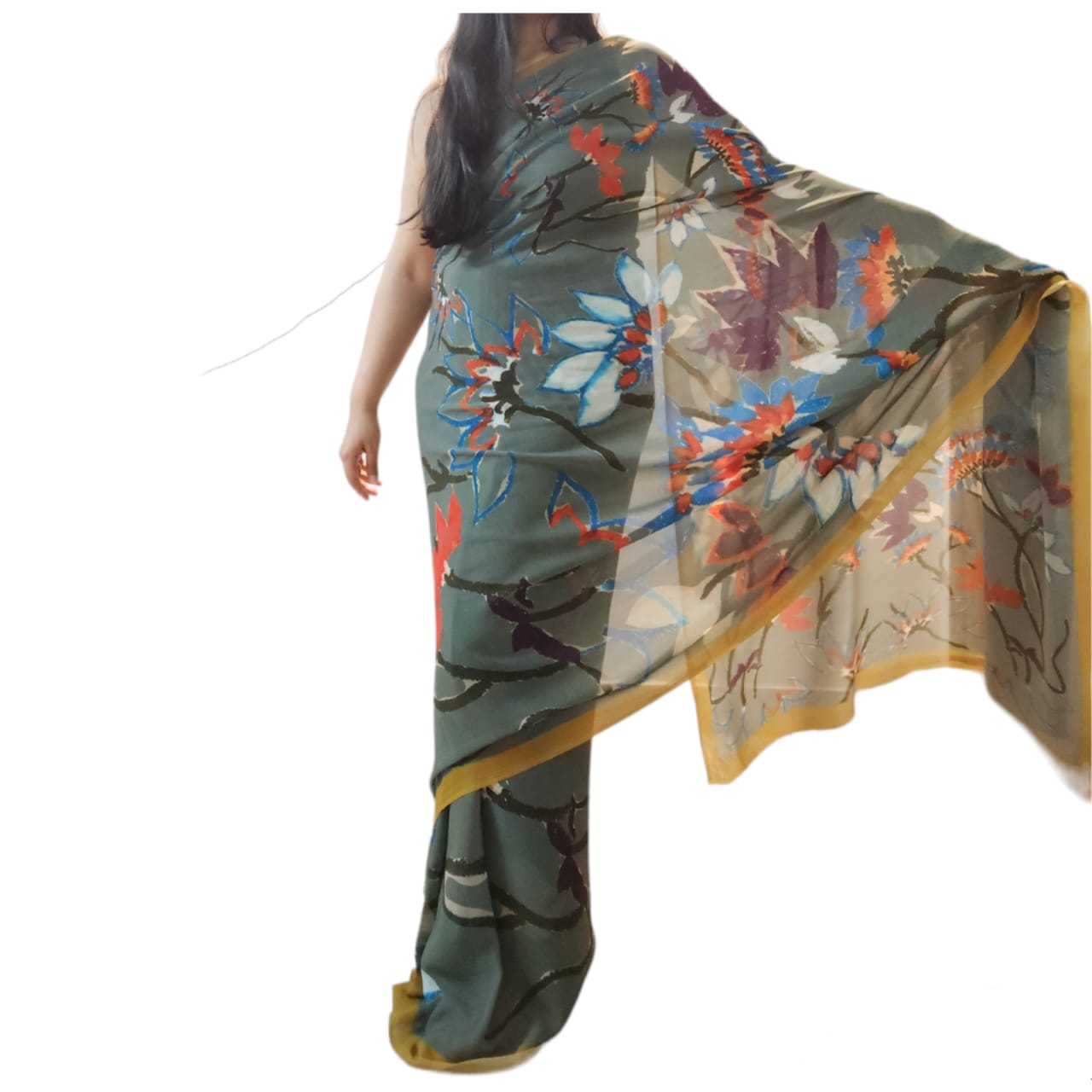 Wild Flower Grey Georgette Saree