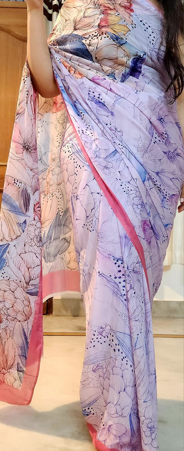 Multi colored Chinon Saree