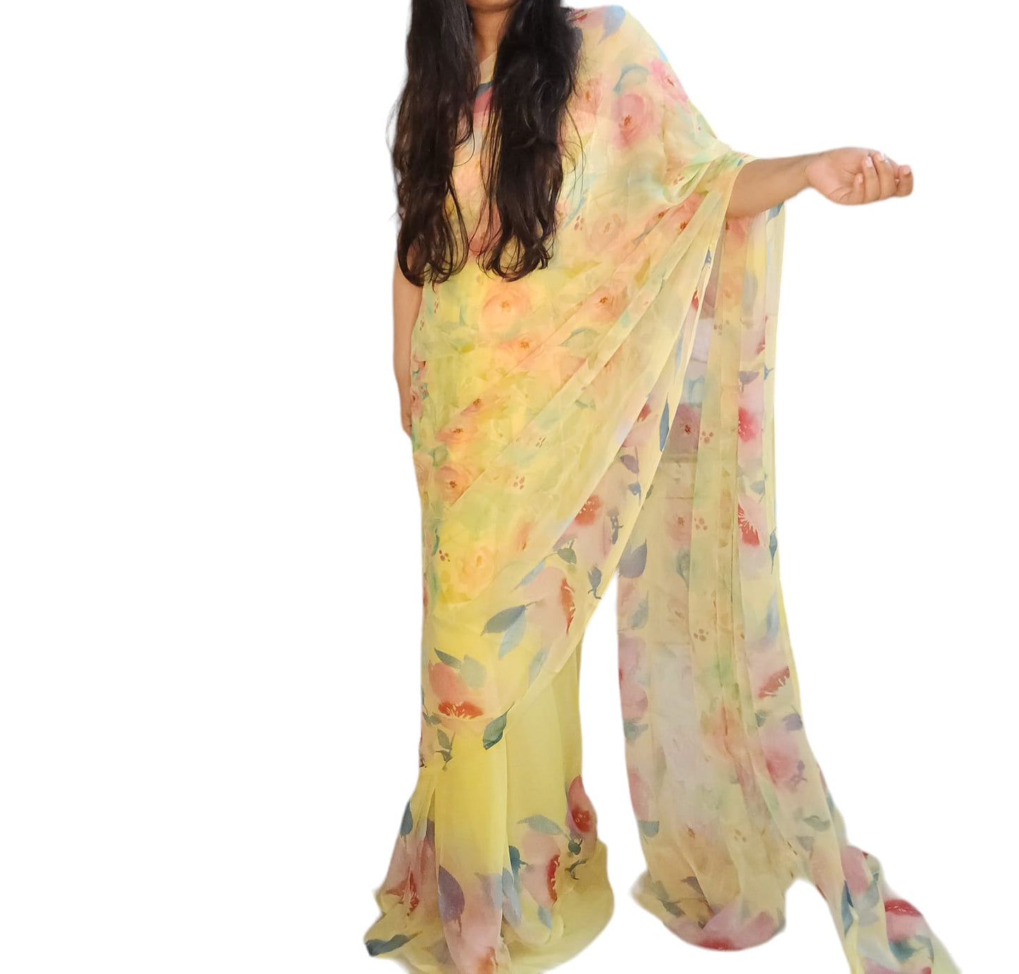 Yellow Floral Colorful Chiffon Saree
