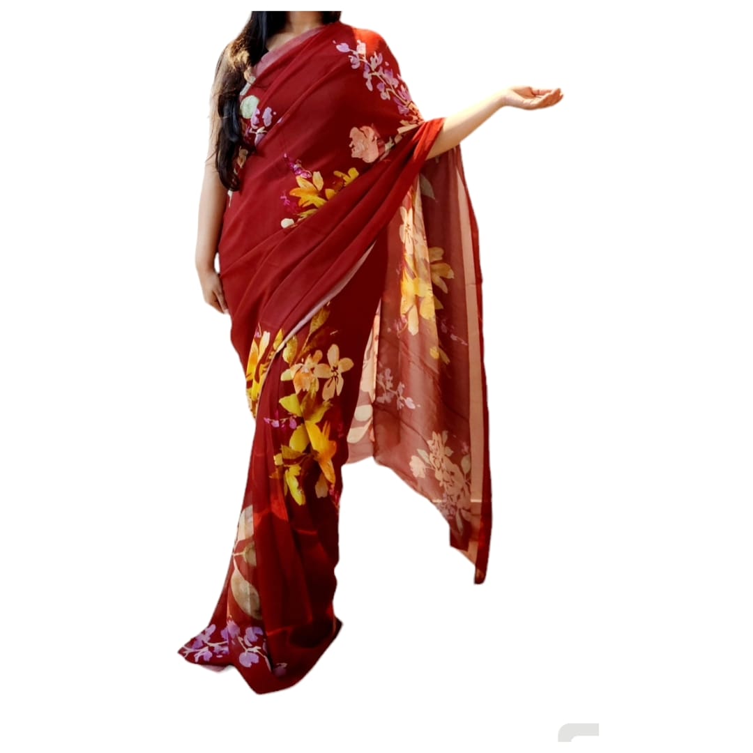Indian Red Floral Georgette Saree