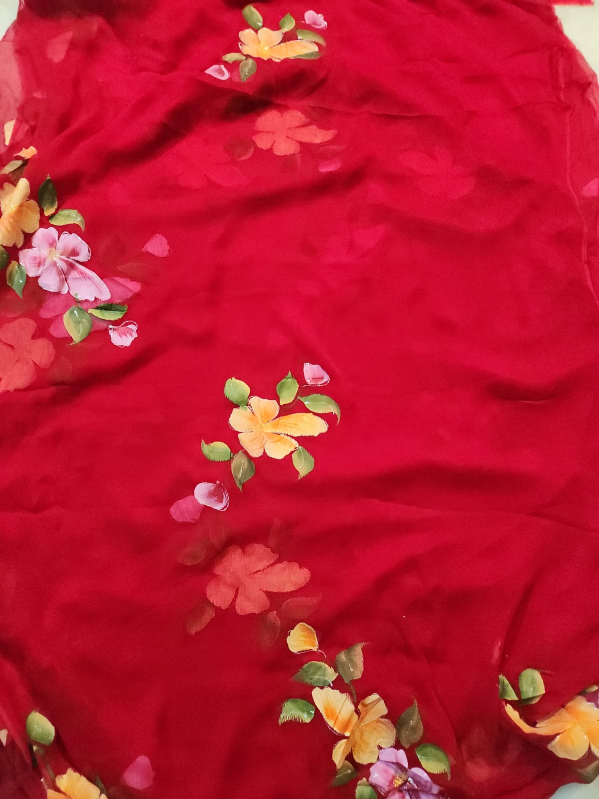 Hand Painted Red Chiffon Saree