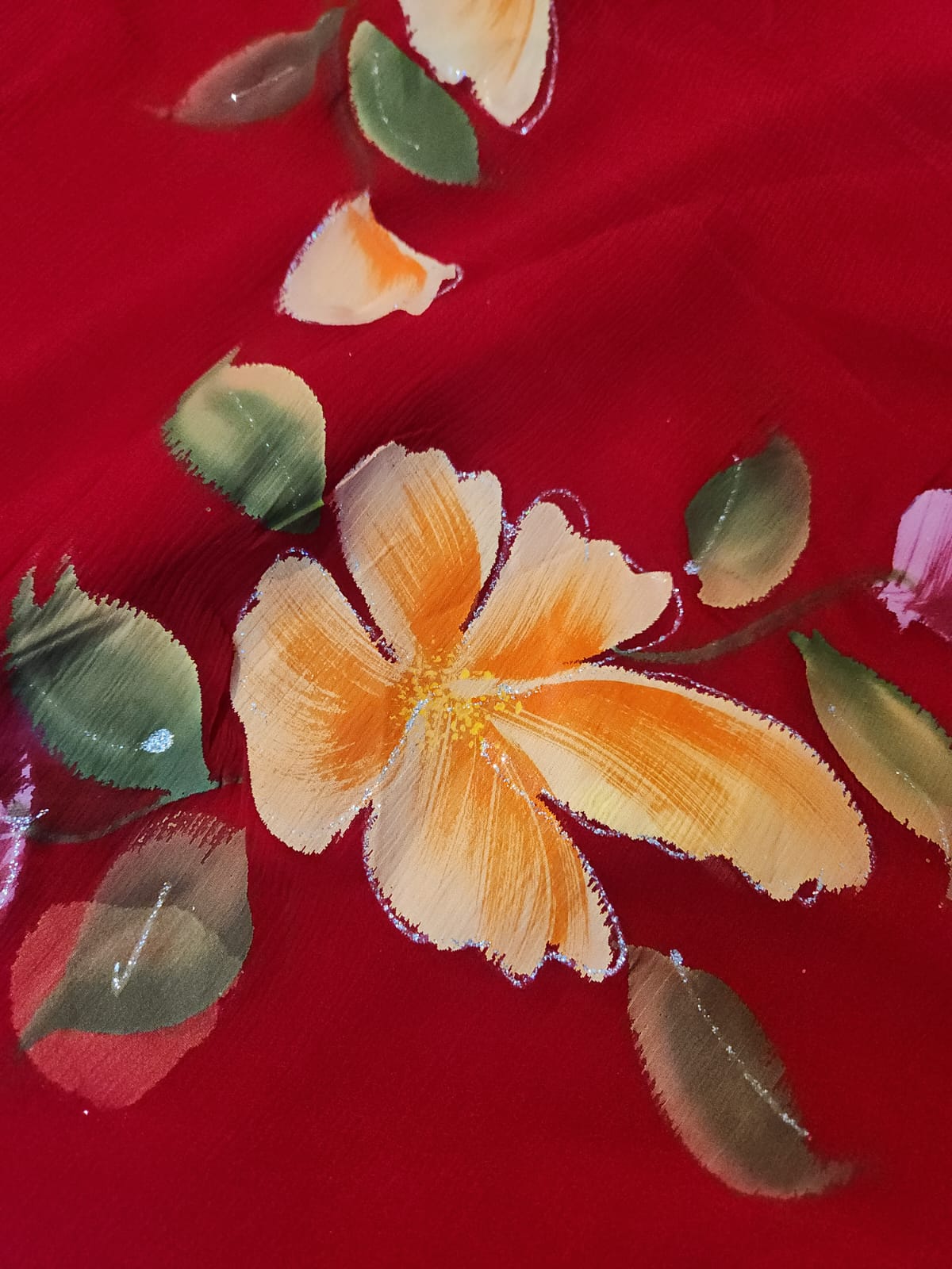 Hand Painted Red Chiffon Saree