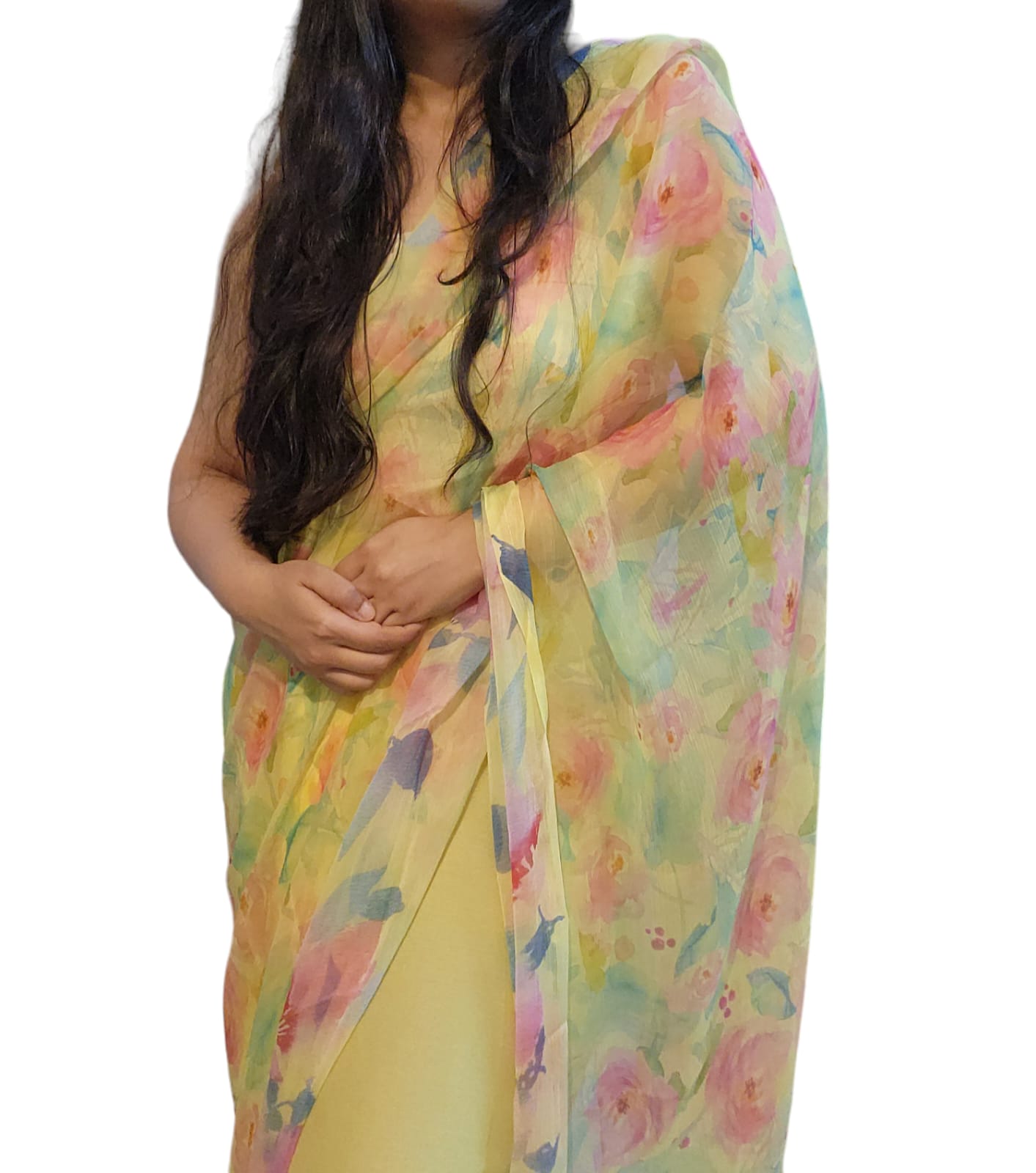 Yellow Floral Colorful Chiffon Saree
