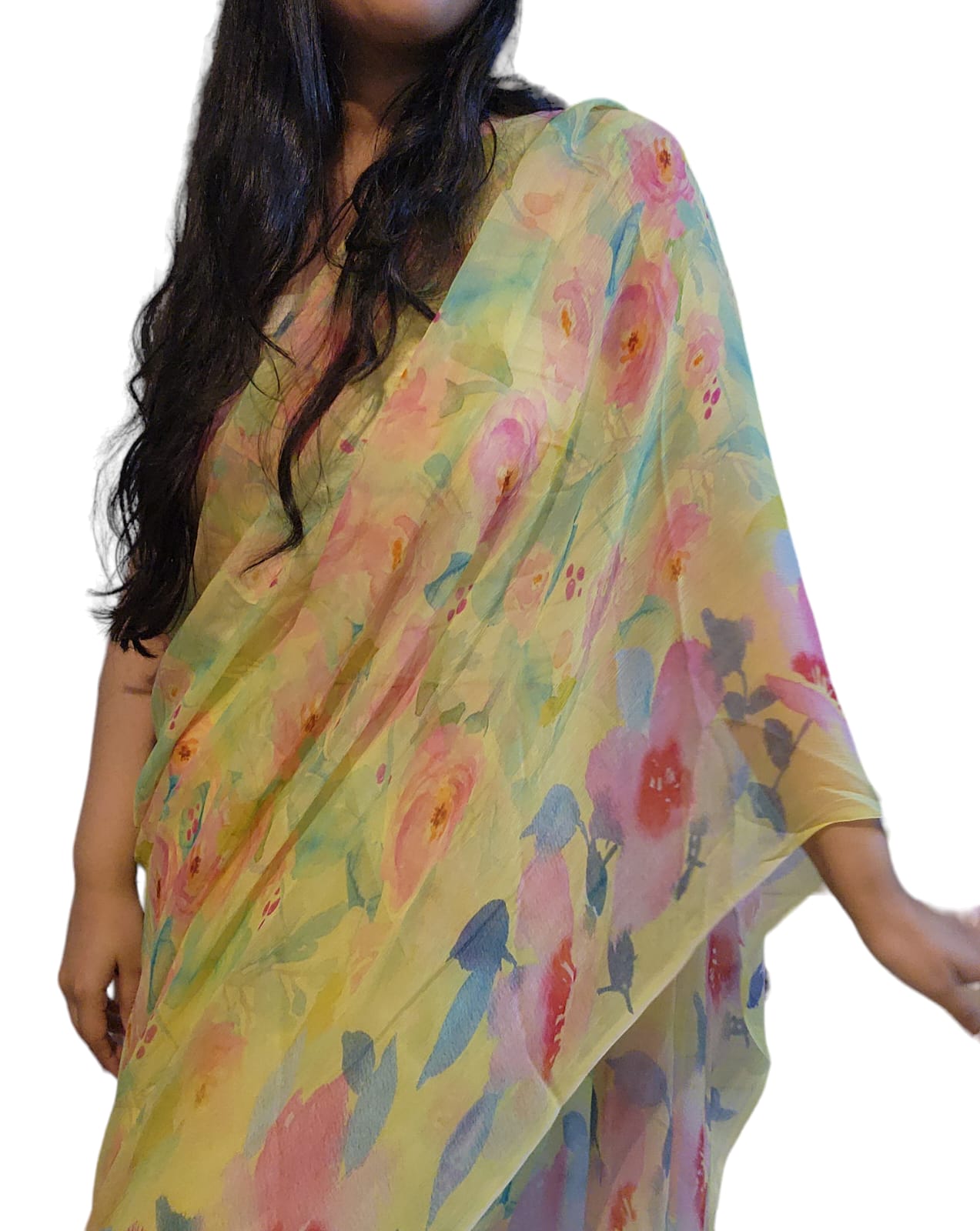 Yellow Floral Colorful Chiffon Saree