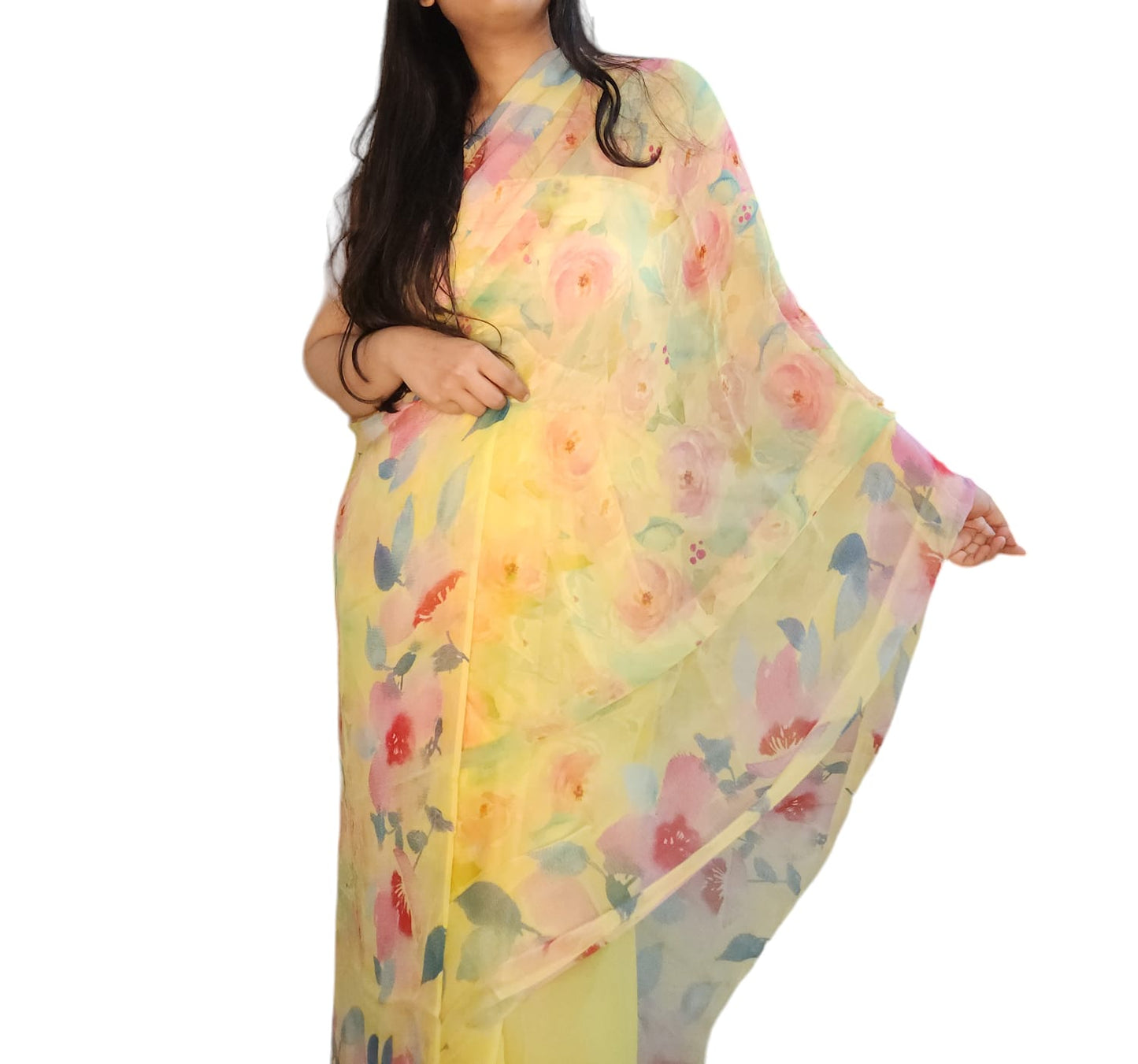 Yellow Floral Colorful Chiffon Saree