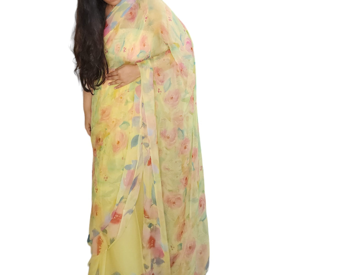 Yellow Floral Colorful Chiffon Saree