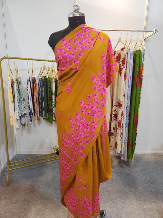 Pink Floral Rust Natural Crepe Saree