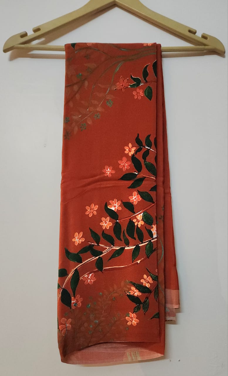 Rust Floral Natural Crepe Saree